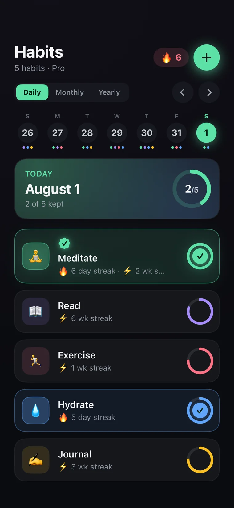 The Storeys Habits tab: five habits with streaks and progress rings, a week strip, and a Today card reading 2 of 5 kept.
