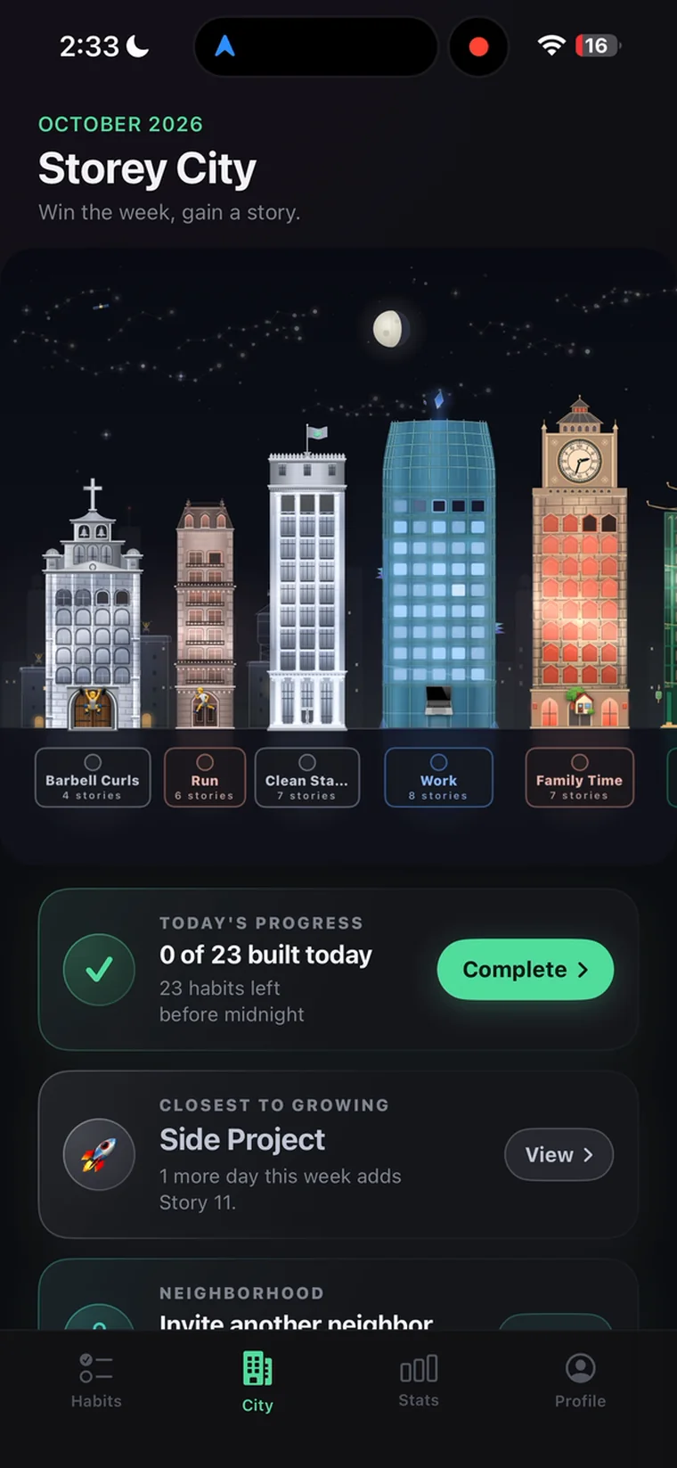 Storey for iPhone showing a night city of habit towers and today's progress.