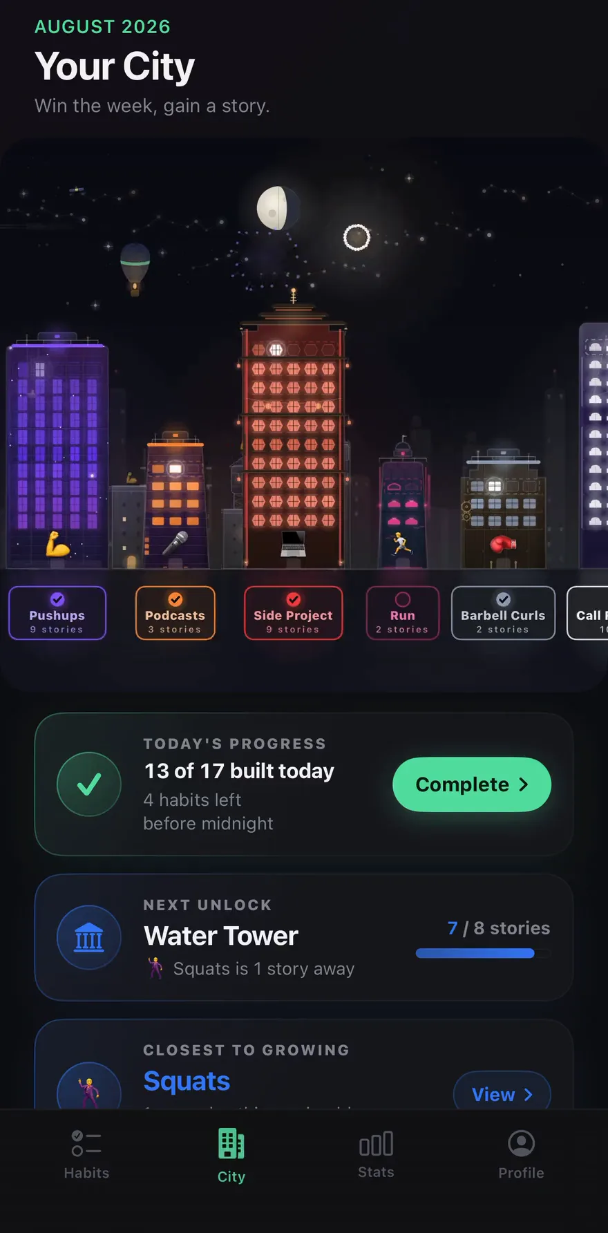 The Storey App City tab: glowing habit towers — Pushups, Podcasts, Side Project, Run and more — rising into a night sky, with today's progress and the next landmark unlock below.