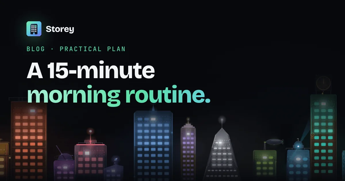 Storey App: a 15-minute morning routine, shown as a night skyline of glowing habit towers