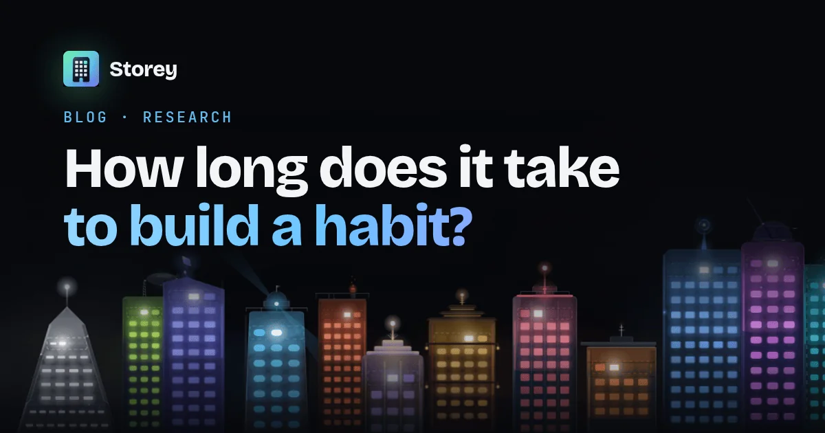 Storey App: how long does it take to build a habit — a night skyline of glowing habit towers