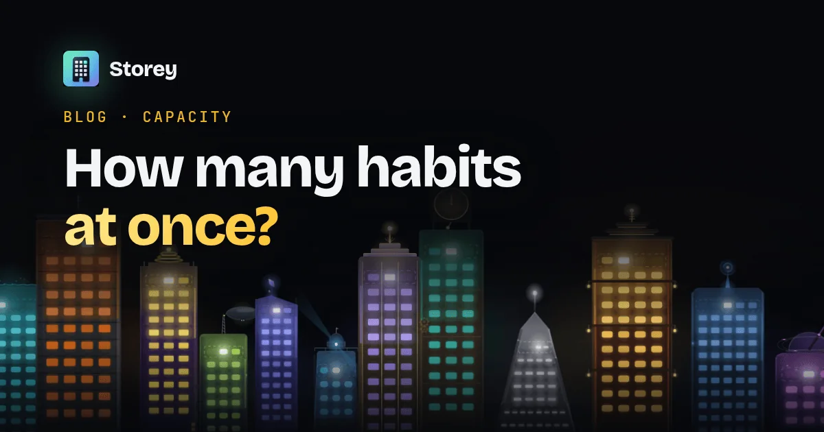 Storey App: how many habits should you track at once — a night skyline of glowing habit towers