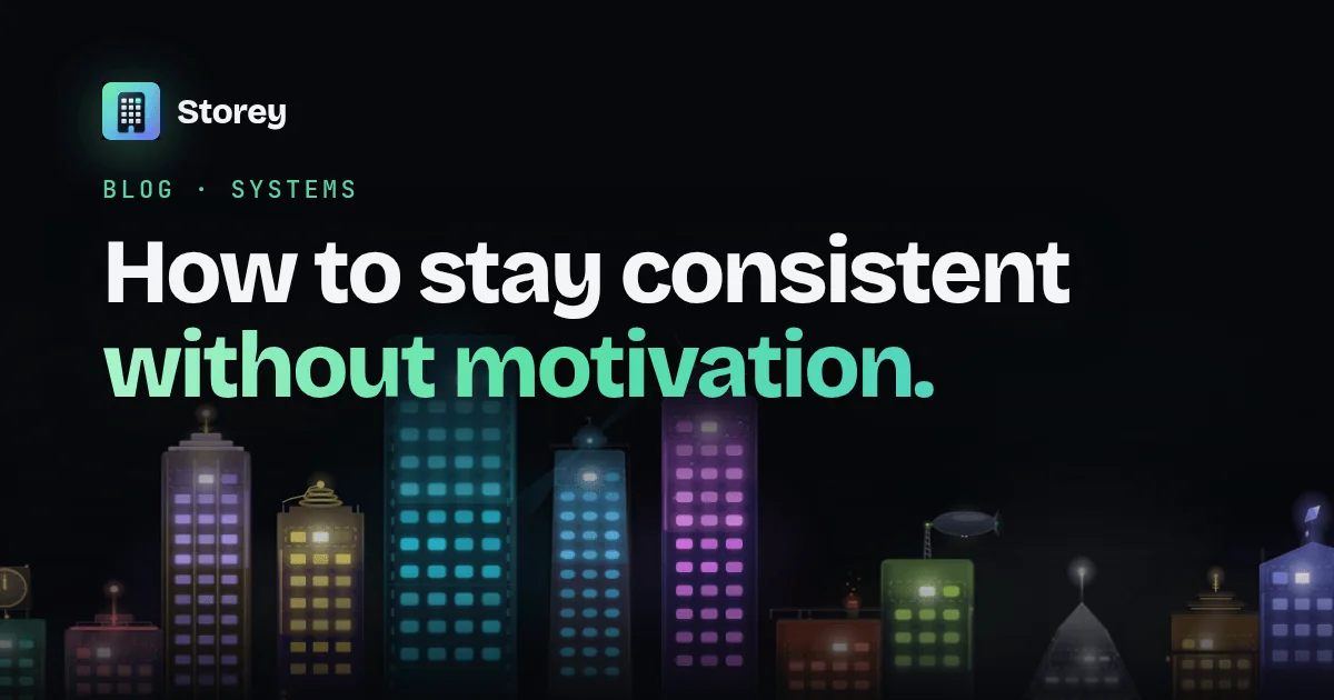 Storey App: how to stay consistent with habits — a night skyline of glowing habit towers