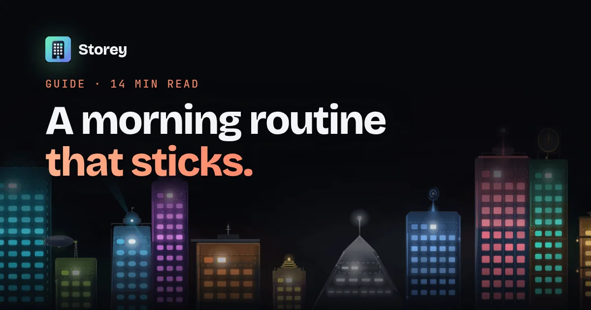 Storey App guide: how to build a morning routine that actually sticks — a night skyline of glowing habit towers