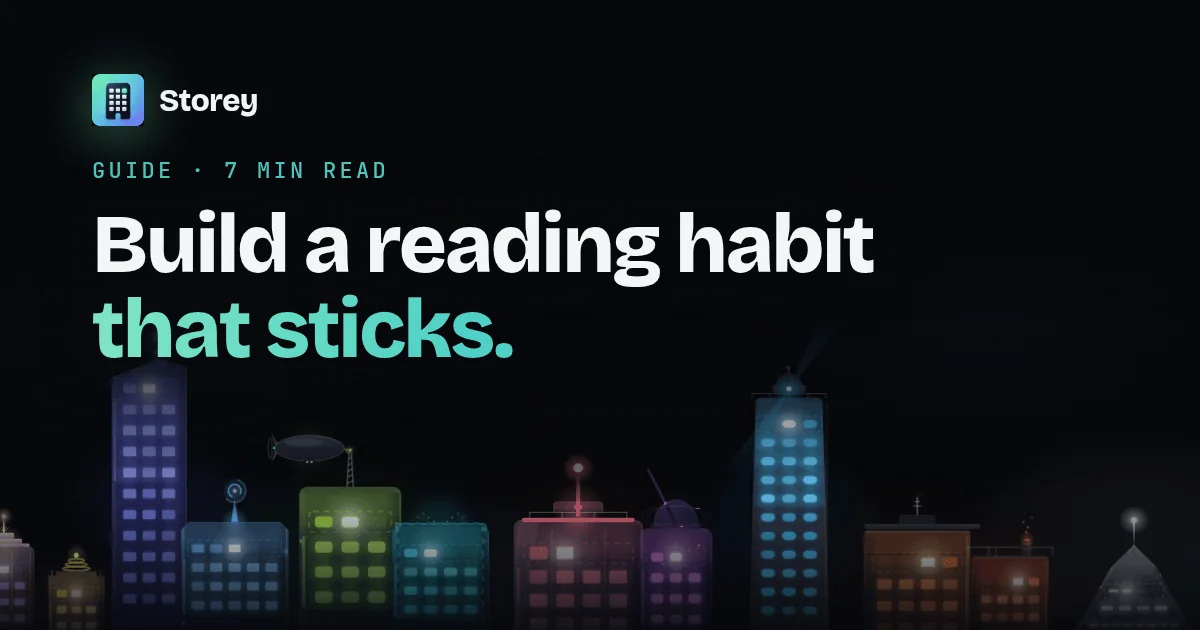 Storey App guide: how to build a reading habit that sticks — a night skyline of glowing habit towers