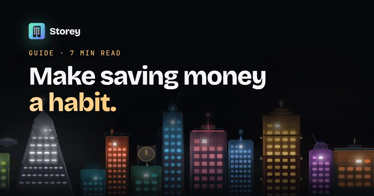 Storey App guide: how to make saving money a weekly habit — a night skyline of glowing habit towers