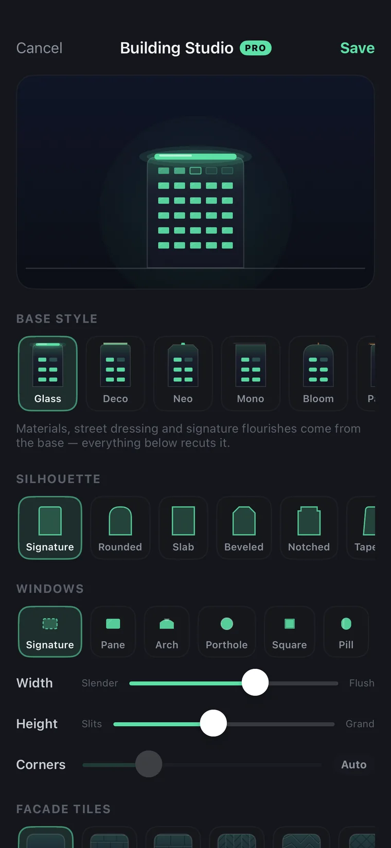 The Storeys Building Studio: a glowing mint tower being customized, with base styles Glass, Deco, Neo, Mono and Bloom, silhouettes, and window-shape options.
